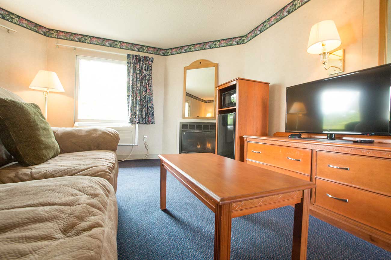 Spacious living area in hotel suite